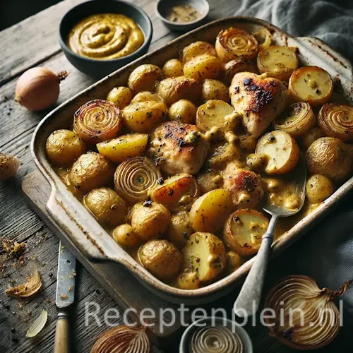 Krieltjesschotel met gemarineerde kip in mosterdsaus op rustieke houten tafel