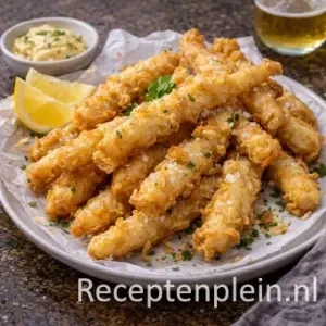 Krokant gefrituurde aspergebeignets met citroen en mosterdmayonaise op rustieke houten tafel met bier en sauskommetje