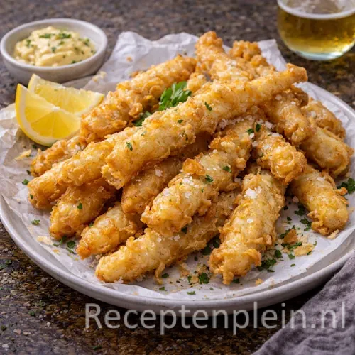 Krokant gefrituurde aspergebeignets met citroen en mosterdmayonaise op rustieke houten tafel met bier en sauskommetje