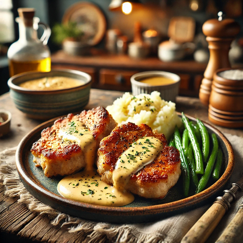 Een rustieke houten tafel met goudbruin gebakken krokante karbonades, rijkelijk overgoten met een romige vierkazen saus. De karbonades zijn knapperig en gegarneerd met verse kruiden. Ernaast worden aardappelpuree en sperziebonen geserveerd. De achtergrond toont een knusse keuken met warme, natuurlijke verlichting.