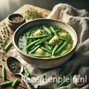 Kruidige groene bonensoep op rustieke houten tafel