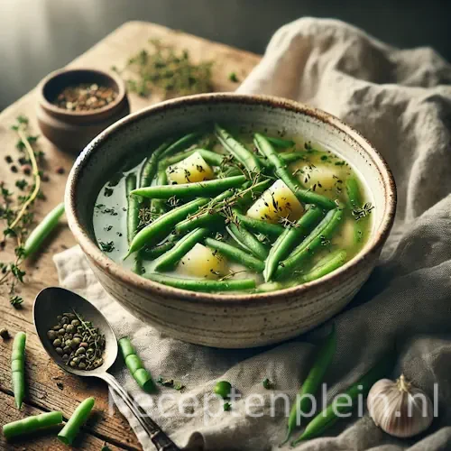 Kruidige groene bonensoep op rustieke houten tafel