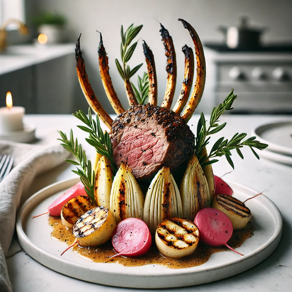 Lamskroon met Gegrilde Koolrabi en Gesmoorde Radijs