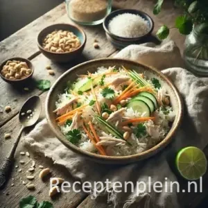 Lauwwarme Thaise rijstsalade op rustieke houten tafel