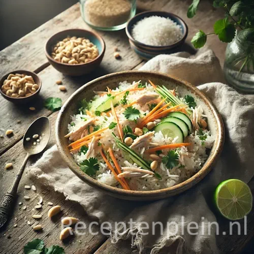 Lauwwarme Thaise rijstsalade op rustieke houten tafel