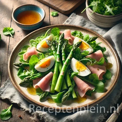 Lente Salade met Groene Asperges, Beenham en Ei op rustieke houten tafel