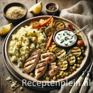 Mediterrane Kip met Yoghurtsaus en Couscous op rustieke houten tafel