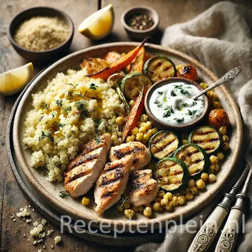 Mediterrane Kip met Yoghurtsaus en Couscous op rustieke houten tafel