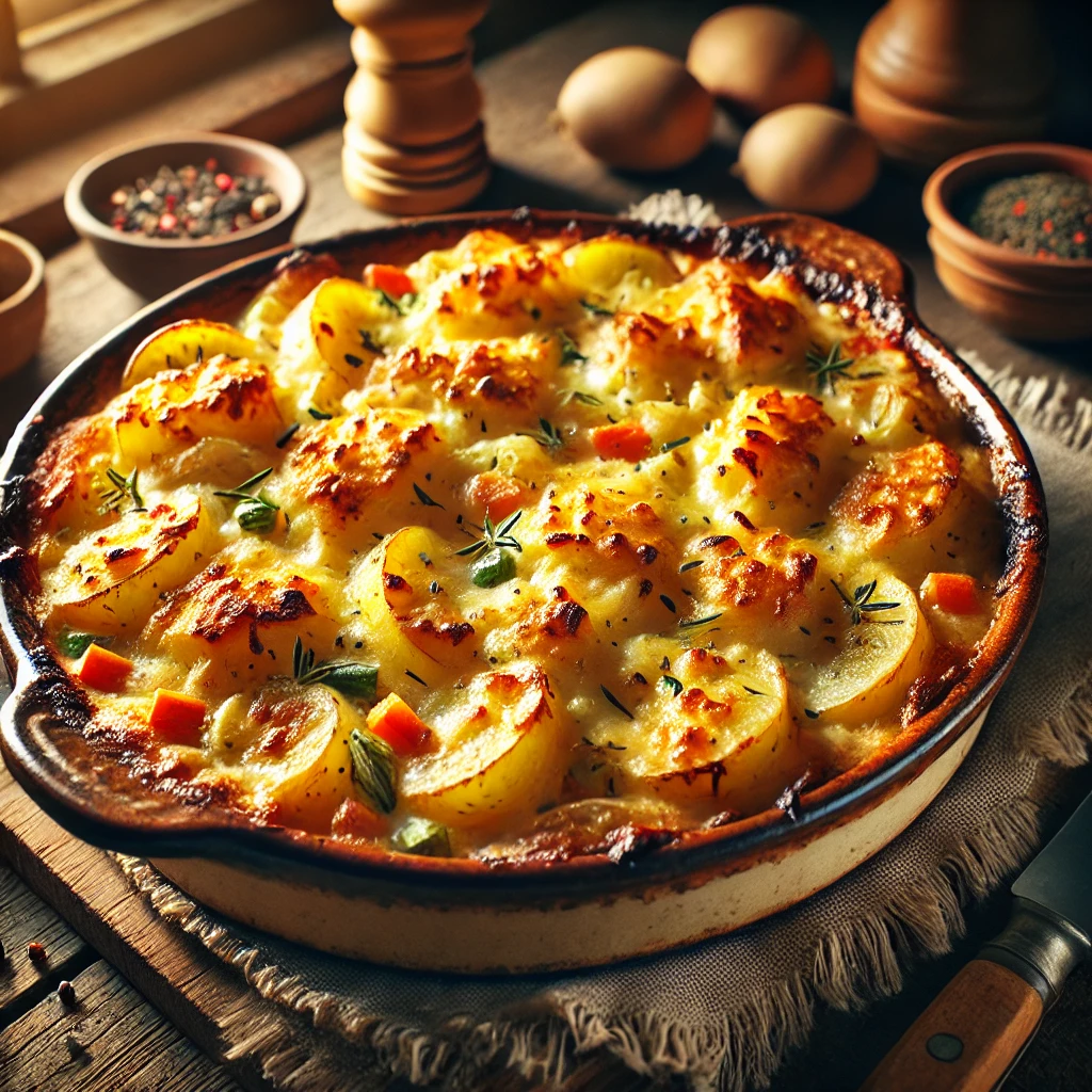 Hartige ovenschotel met kipfilet, aardappelblokjes, Hollandse roerbakgroenten en romige saus, afgetopt met gesmolten kaas, geserveerd in een ovenschaal op een rustieke houten tafel – makkelijk recept voor elke dag.