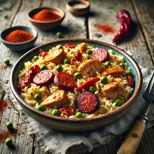 Rice dish with chicken and chorizo on a rustic wooden table