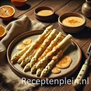Romige Asperges met Bloedsinaasappelsaus op rustieke houten tafel