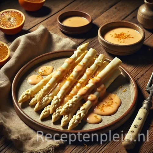 Romige Asperges met Bloedsinaasappelsaus op rustieke houten tafel
