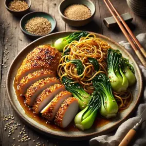 Sesamkorst Kipfilet met Paksoi en Mienestjes op rustieke houten tafel