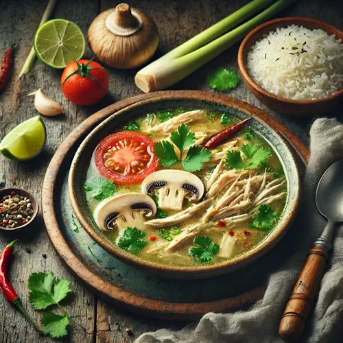 Thaise Kippensoep met Pandanrijst op rustieke houten tafel