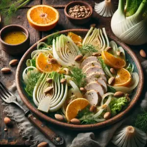 Venkelsalade met gerookte kipfilet op rustieke houten tafel