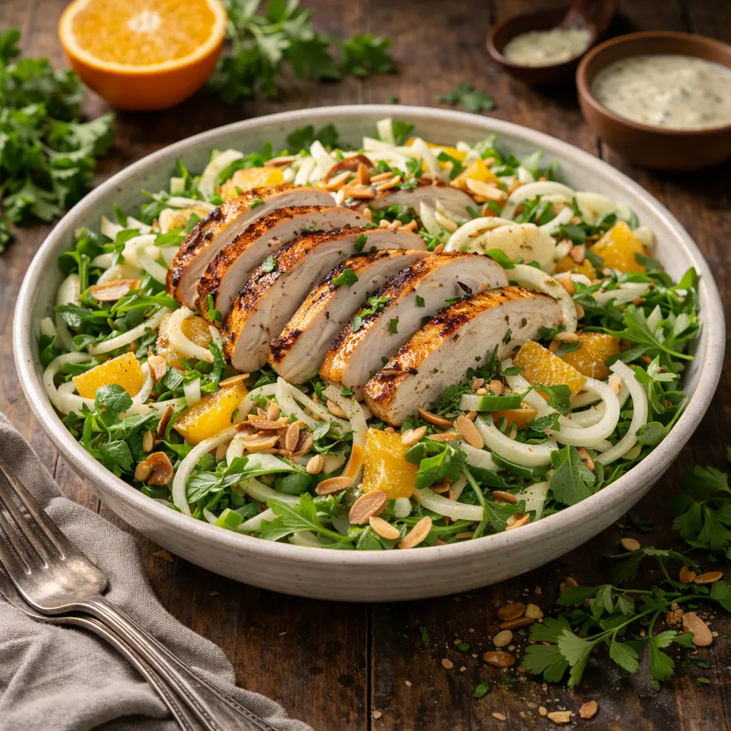 Venkelsalade met kipfilet, venkel en sinaasappel op rustieke houten tafel
