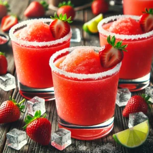 Verfrissende aardbeien daiquiri met een helderrode, slushy textuur, geserveerd in vier wijde glazen, elk gegarneerd met een verse aardbei op de rand, op een rustieke houten tafel met verspreide ijsblokjes, limoenpartjes en aardbeien.