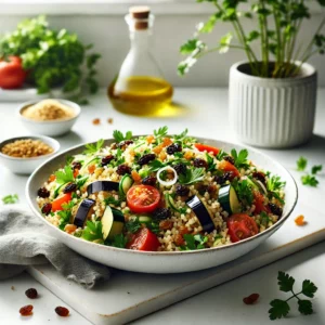 Verfrissende Bulghursalade met Aubergine en Rozijnen