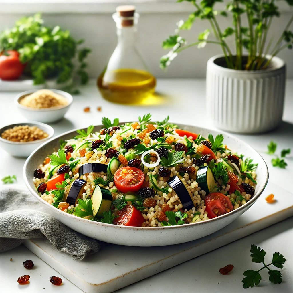 Verfrissende Bulghursalade met Aubergine en Rozijnen