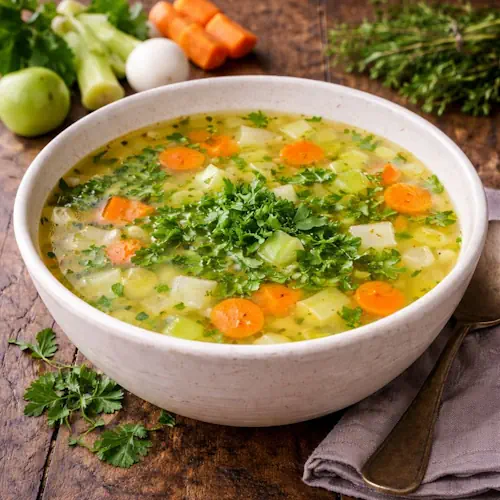Heldere groentebouillon in een rustieke kom op een houten tafel, rijkelijk gevuld met stukjes wortel, prei, selderij en peterselie, met verse groenten op de achtergrond.