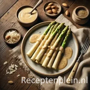 Witte Asperges met Romige Amandelsaus op rustieke houten tafel