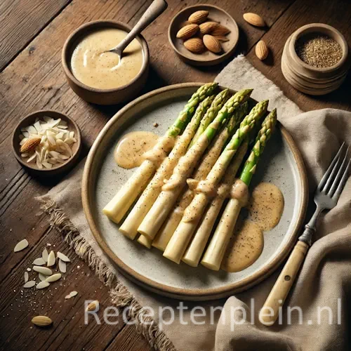 Witte Asperges met Romige Amandelsaus op rustieke houten tafel