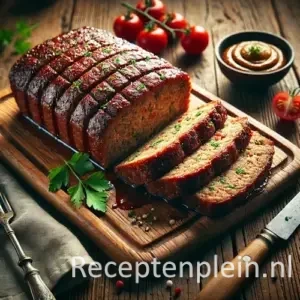 Huisgemaakt gehaktbrood in plakken op houten tafel