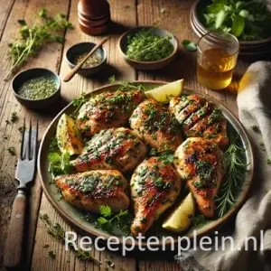 Gemarineerde kip op kruiden op rustieke houten tafel