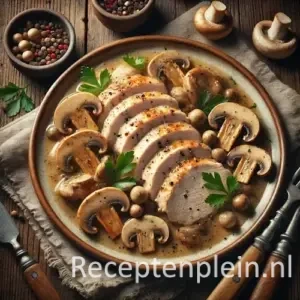 Gepocheerde kip met paddestoelen en champignons op rustieke houten tafel