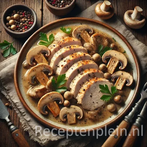 Gepocheerde kip met paddestoelen en champignons op rustieke houten tafel
