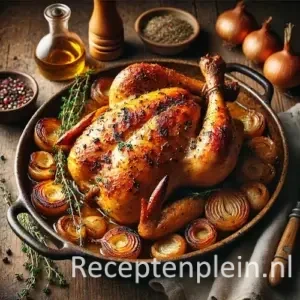 Geroosterde maïskip met sjalotten en tijm in ovenschaal op houten tafel