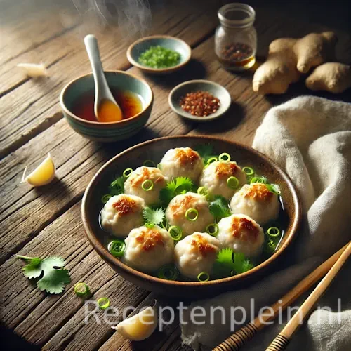 Gestoomde krab kipgehakt-balletjes op rustieke houten tafel