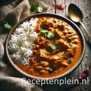 Indiase curry met kip en basmatirijst op rustieke houten tafel