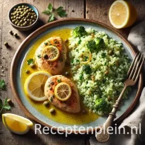 Kip in citroensaus met groene couscous op rustieke houten tafel