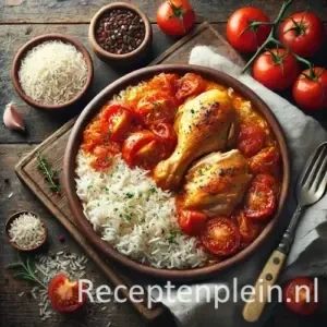 Kip met tomaat en rijst op rustieke houten tafel