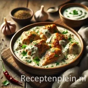 Kip met yoghurt met romige saus op een rustieke houten tafel