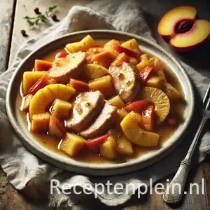 Kipfilet in vruchtensaus op rustieke houten tafel