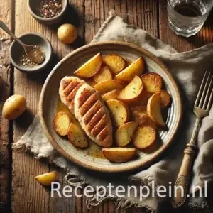 Kipfilethaasjes met aardappelschijfjes op rustieke houten tafel