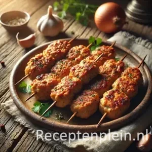 Kipkebab met kruidige kipballetjes op een rustieke houten tafel