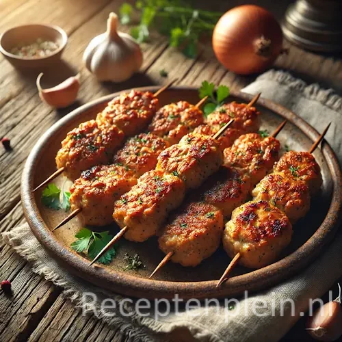 Kipkebab met kruidige kipballetjes op een rustieke houten tafel