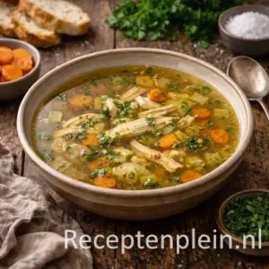 Kippenbouillon op rustieke houten tafel