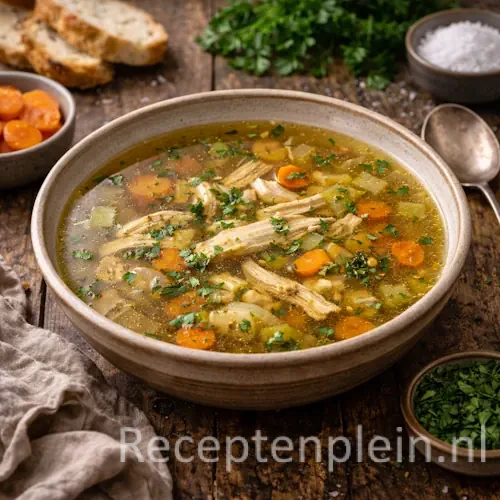 Kippenbouillon op rustieke houten tafel
