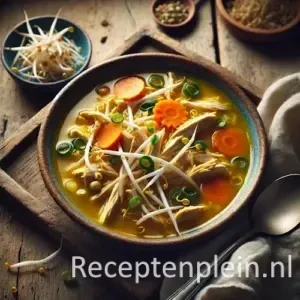 Kippensoep met Chinese kool op rustieke houten tafel