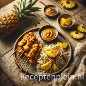 Kipsaté met mihoen en ananas op rustieke houten tafel