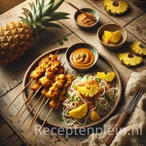 Kipsaté met mihoen en ananas op rustieke houten tafel