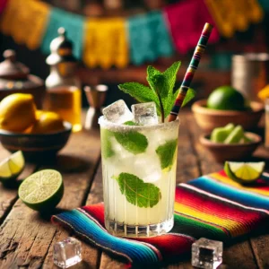 Een Mexicaans geïnspireerde presentatie van een Tom Collins cocktail, geserveerd in een hoog glas op een rustieke houten tafel. De bleke, verfrissende drank is gevuld met ijsblokjes en gegarneerd met een schijfje citroen, een takje verse munt en een kleurrijk cocktailroerstokje. De setting is omlijst met levendige Mexicaanse textielpatronen, verspreide limoenschijfjes en warm natuurlijk licht, wat zorgt voor een feestelijke en uitnodigende sfeer. 🍋🍹✨