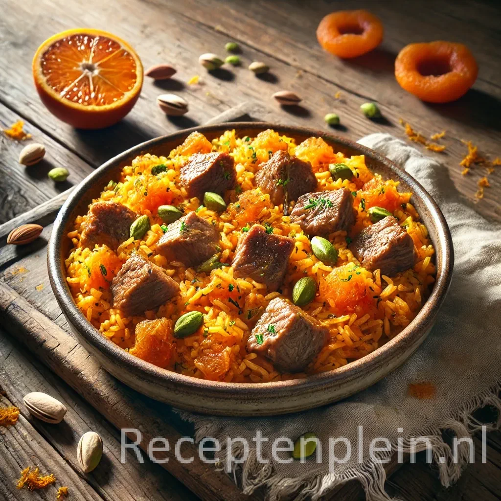 Orange rice met lamsvlees en noten op een rustieke houten tafel