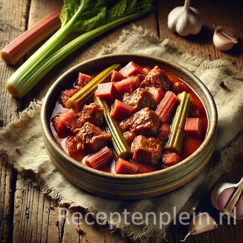 Qorma e rawash met lamsvlees en rabarber op een rustieke houten tafel