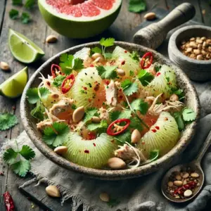 Thais gekruide pomelosalade op rustieke houten tafel