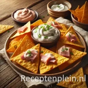 Amerikaanse tortillapuntjes recept met hamspread op een rustieke houten tafel